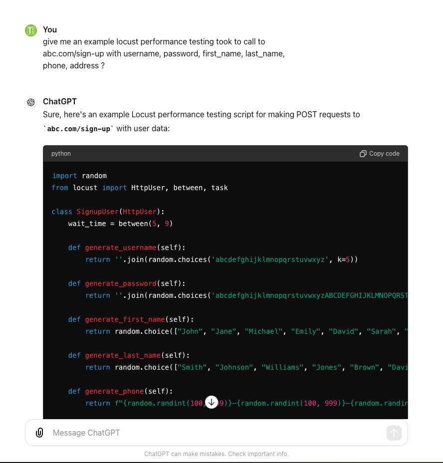 Use AI (Chatgpt) to generate test data and write automation and performance test